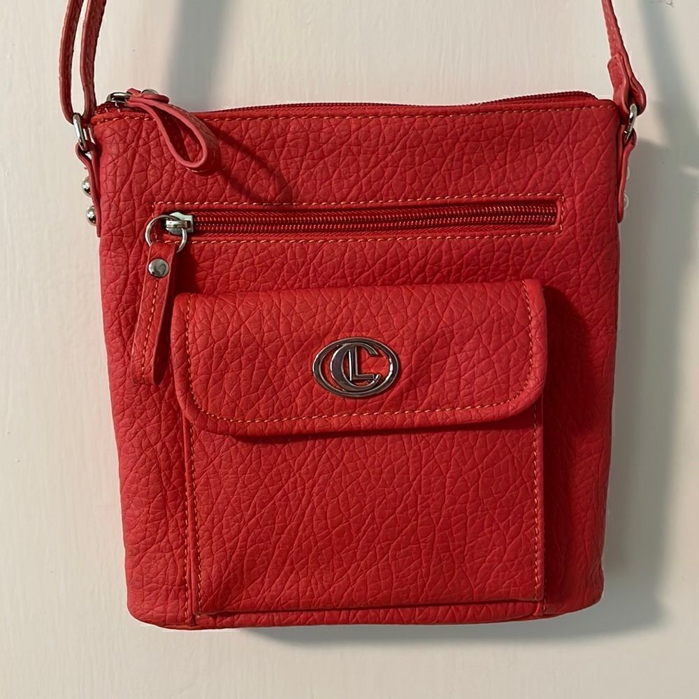 LC vegan orange crossbody bag with gold tone accents